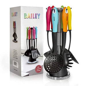 Bailey Kitchen Cooking Utensil Set- 6 Nylon Utensils With Chrome Stand