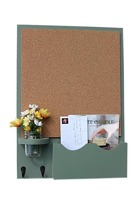 Cork Board Mail Organizer with Large Slot, Key Hooks & Mason Jar