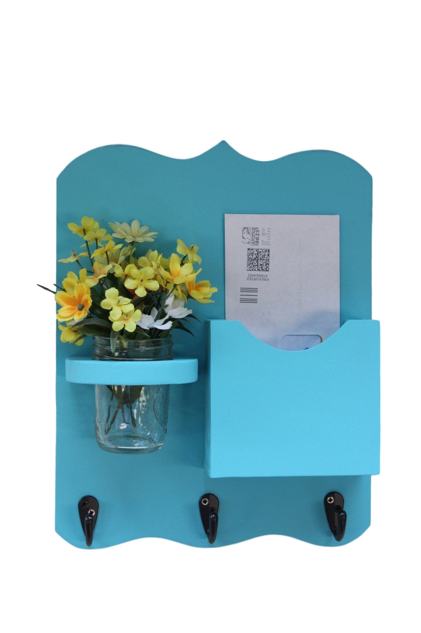 Mail Organizer - Letter Holder - Mail Holder with Key Hooks - Mason Jar