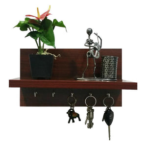 Omega 6 Wooden Key Holder With Wall Decor Shelf, 5 Key Hooks- Mahogany Finish
