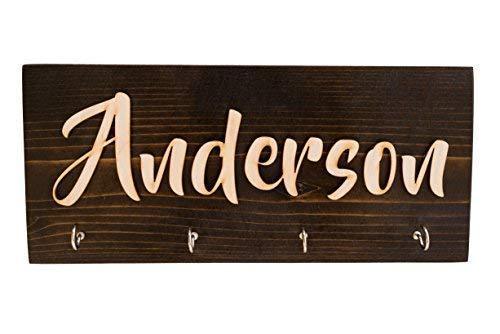 Personalized Wall Key Hanger Unique Custom Key Ring & Jewelry Rack Holder - Customize with Your Name | Dark Rustic Natural Wood 4 Hooks Decorative Kitchen, Garage, Living, Closet