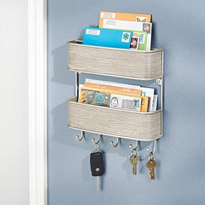 2-Tier Entryway Mail Organizer and Key Rack - Wall Mount, Satin/Gray Wood Finish