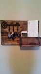 rustic organizer with key hooks.