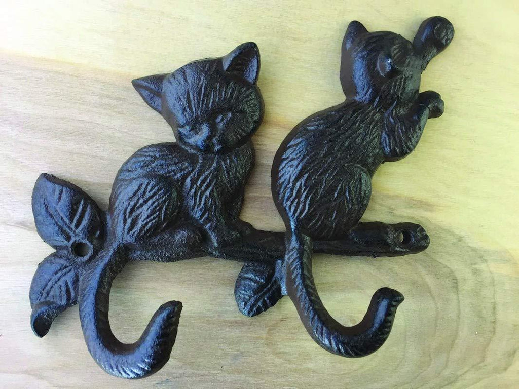 2-Pack Cute Cat Hooks for Key Hook Holders | Vintage Look Rustic Décor for Walls 2-Hook Design Heavy Duty Cast Iron Decorations | 5.5-Inche by 5.13-Inches by 1.38-Inches |CI114