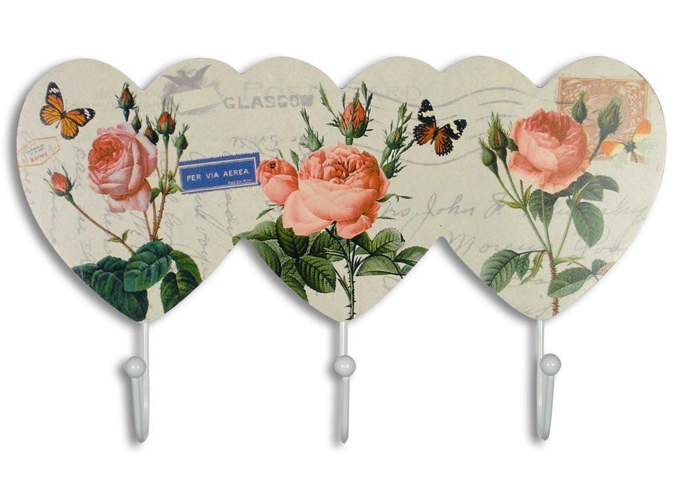 Pink Rose Wall Key Hook Holder with Butterflies Flowers & Vintage European Post Card Letter Pattern - 3 White Metal Hooks - 11.5 Inch Wide(2138)