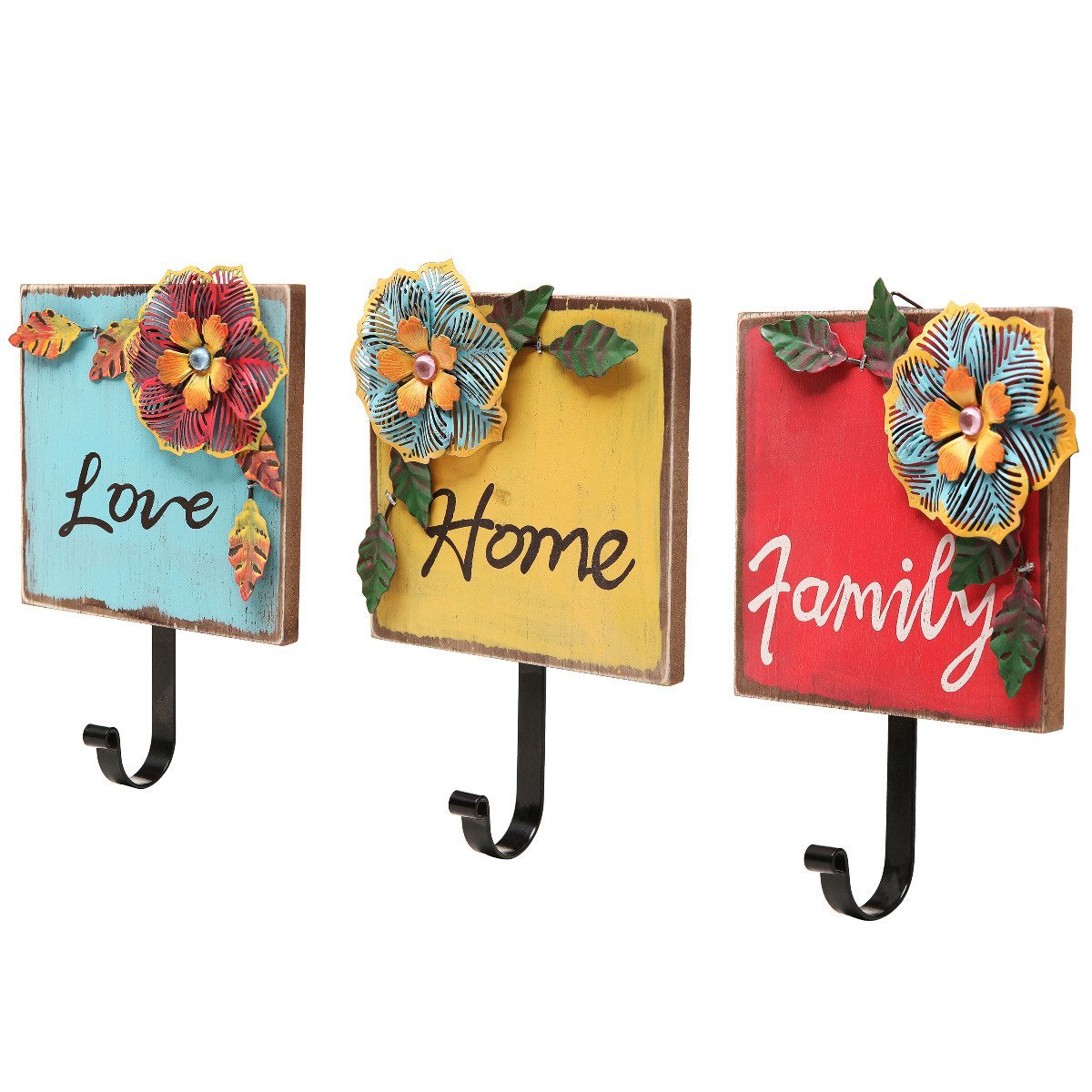 "Family, Home, Love" Wood & Metal Tropical Flowers Wall Coat/Key Hooks (Set of 3: Red/Yellow/Blue)