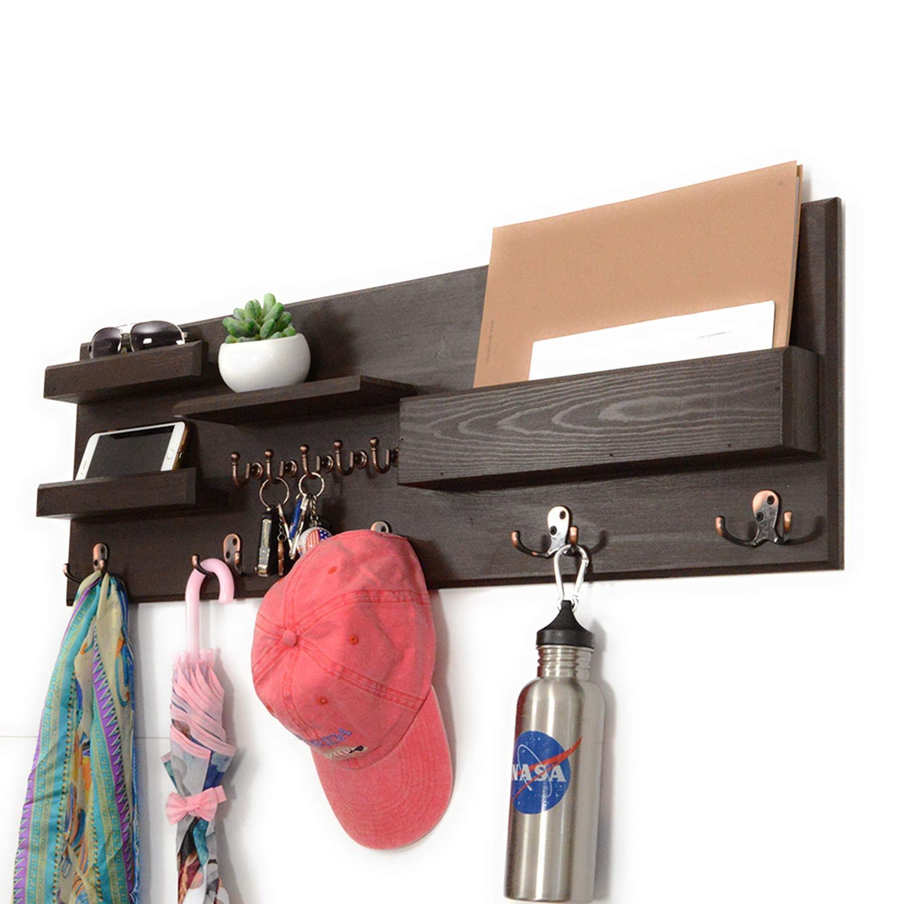Woodymood Professional Wall Organizer Shelf, Key Hooks, Coat Hooks, Mail Pocket, Ledges W:37'' L:3.7'' H:12'' (Dark Brown)
