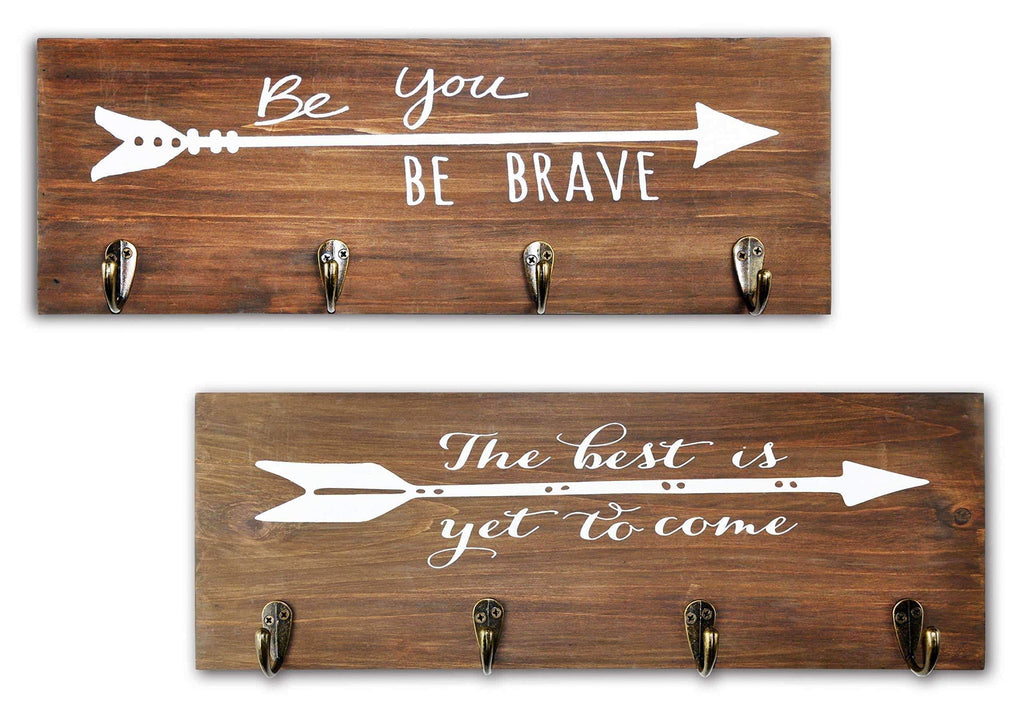 Spiretro Set of 2 Wall Mount Wood Plaque, Metal Key Hook Rack, Printed Arrow Sign and Inspirational Words, Coat Hat Bag Hang Organizer, Leash holder, 16.5 inch for Entryway Kids Room Hallway Closet, Rustic Teak Brown
