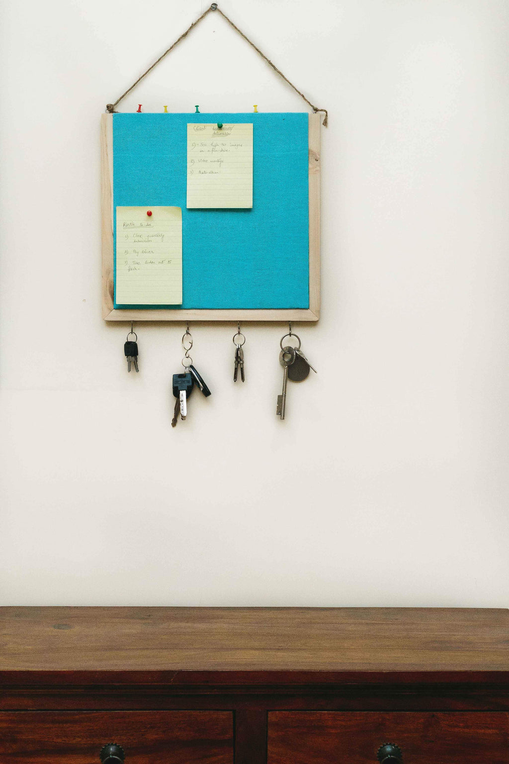 Wooden Pin Board with Key Hooks- Blue