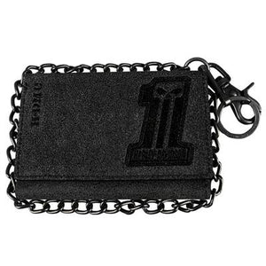 Men's #1 Skull Burnished Garage Leather Trifold w/ Chain Wallet