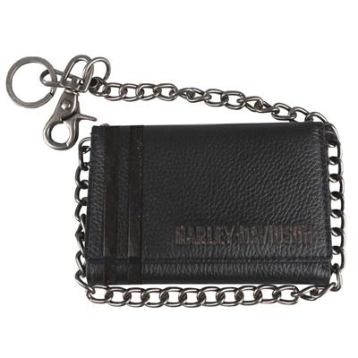 Men's Punk Classic Black Leather Trifold w/ Chain