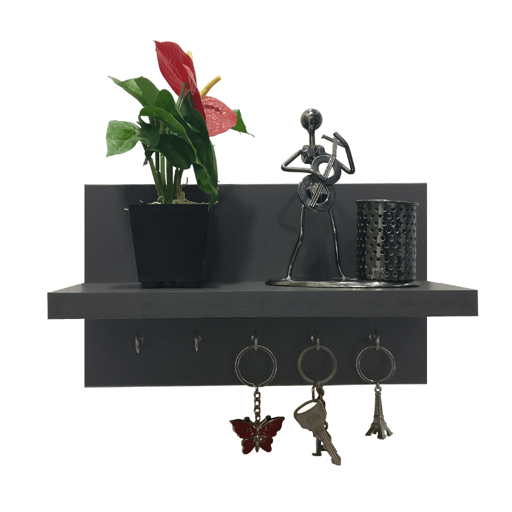 Omega 6 Wooden Key Holder with Wall Decor Shelf, 5 Key Hooks - Slate Grey