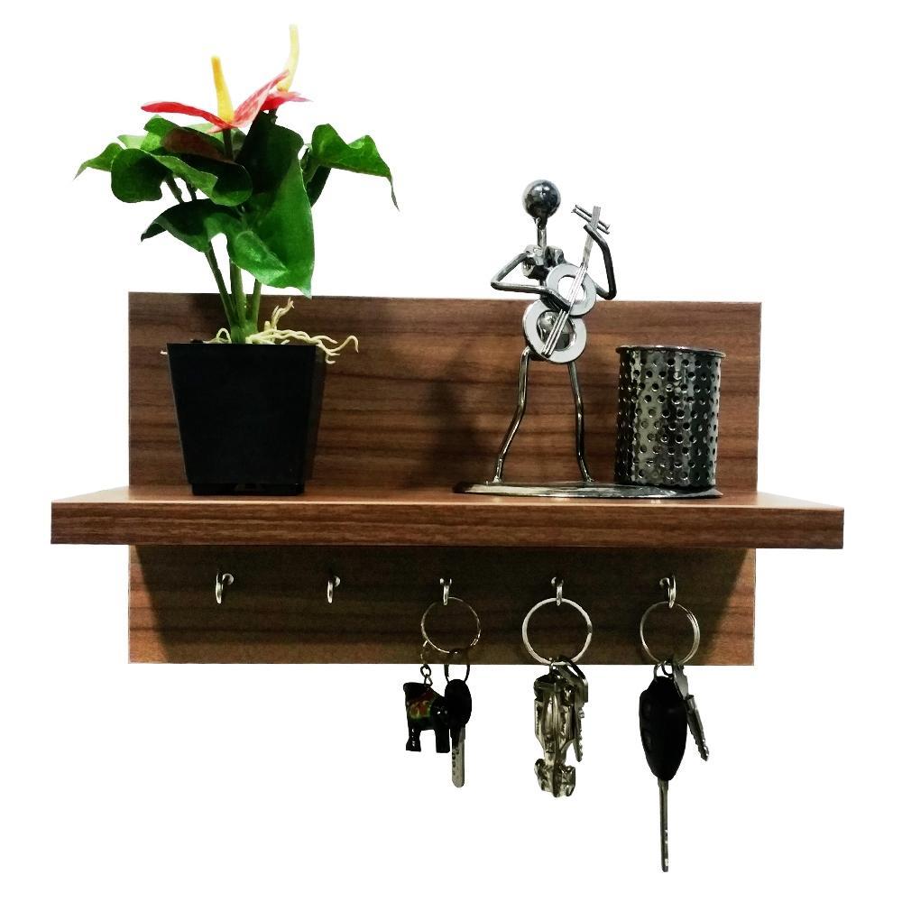 Omega 6 Wall Mounted Decor Shelf with Key Hooks- Walnut Finish