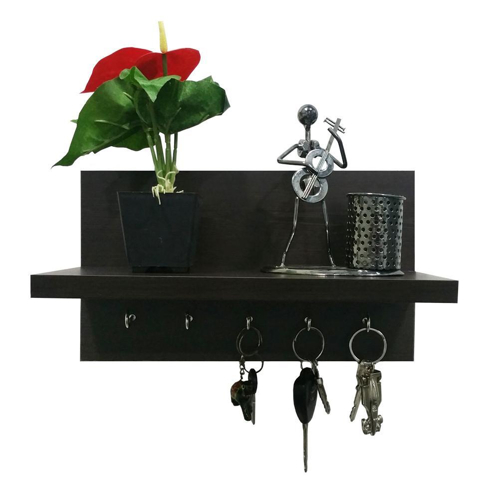 Omega 6 Wall Mounted Decor Shelf with Key Hooks- Wenge Finish
