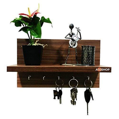 A10SHOP Omega 6 Wooden Wall Mounted Decor Shelf with Key Hooks (Walnut,12x5x7-inches)