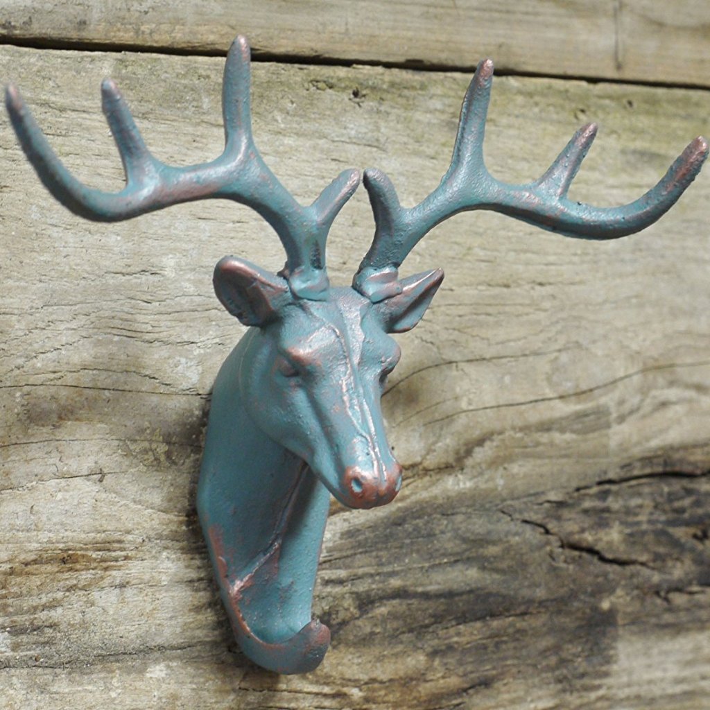 Cast Iron Stag's Head Hook Verdigris