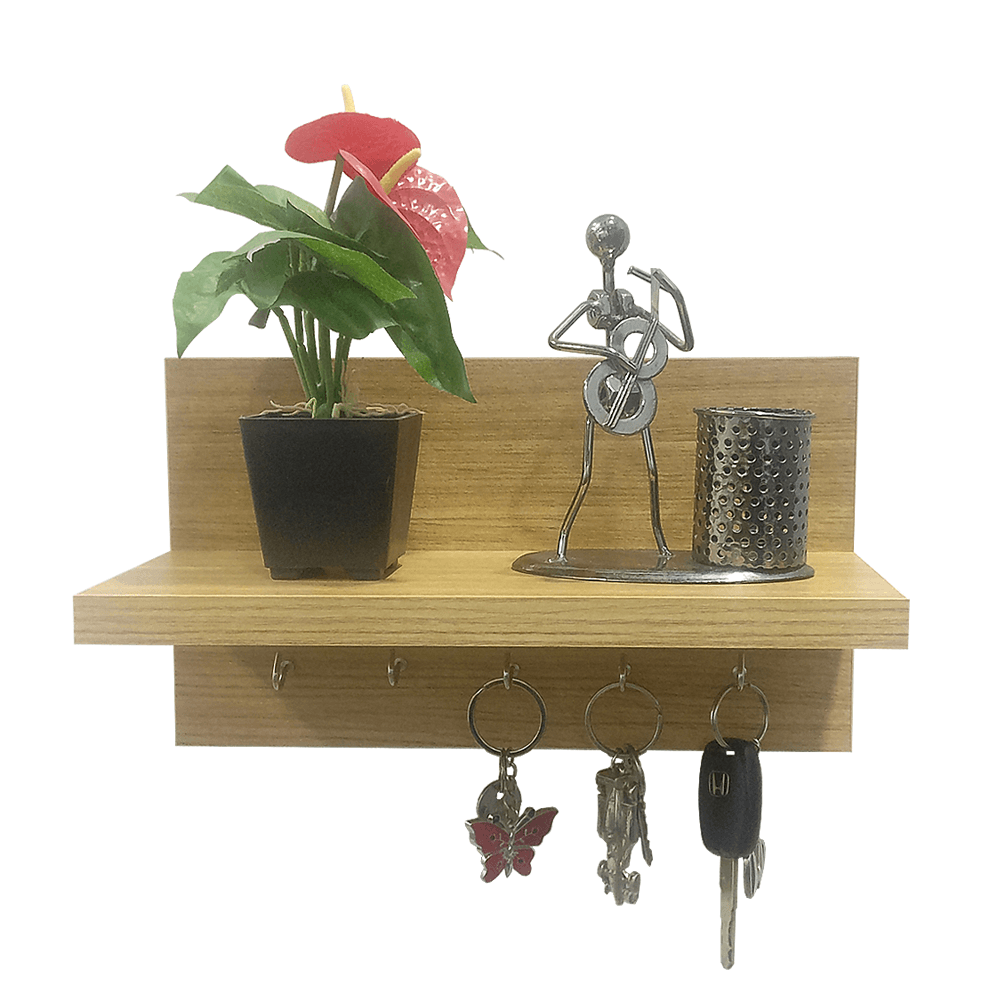 Omega 6 Wall Mounted Decor Shelf with Key Hooks- Oak Finish