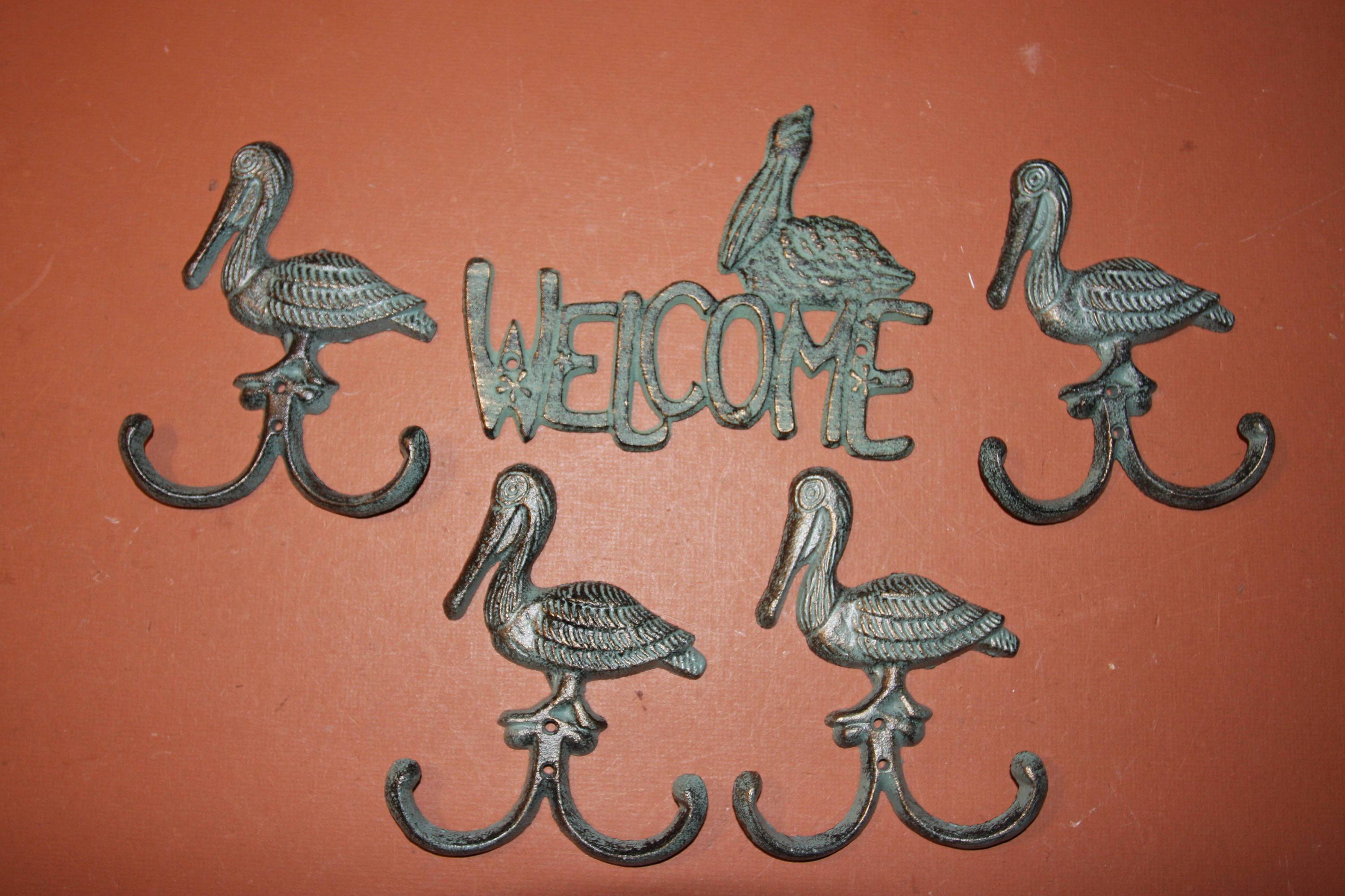 Beach House Welcome Decor, Pelican Design Welcome Sign | Pelican Wall Key Hook Set of 5 pieces, Free Shipping