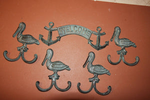 Vintage Look Beach House Welcome Decor, Cast Iron Anchor Welcome Sign, Pelican Wall Hooks Set of 5 pieces, Free Shipping -