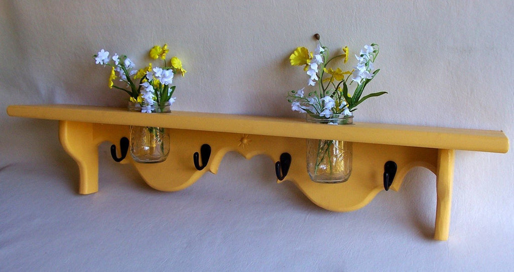 Shelf with Mason jar and Key Hooks - Painted Wood