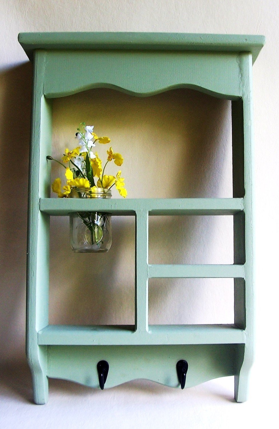 Wood Shadow Box Shelf with Jar Vase and Key Hooks