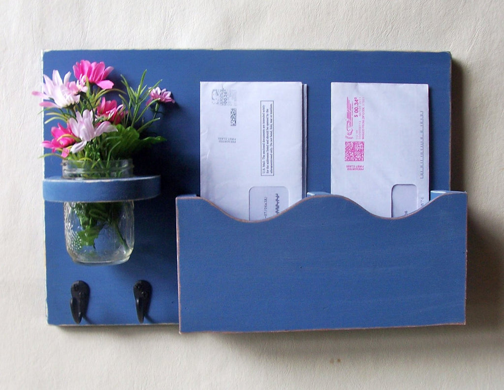 Mail Holder - Double Slots - Key Hooks - Mason Jar