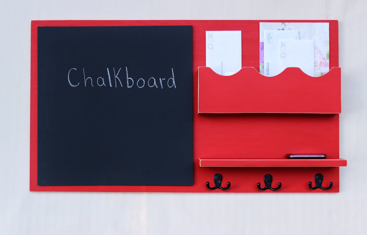 Message Center - Mail Organizer - Chalkboard - Key Hooks - Shelf