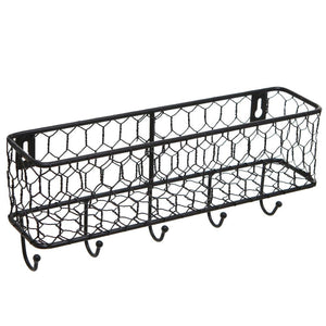 Black Metal Wall Mounted Key and Mail Storage Rack w/ Chicken Wire Mesh Basket