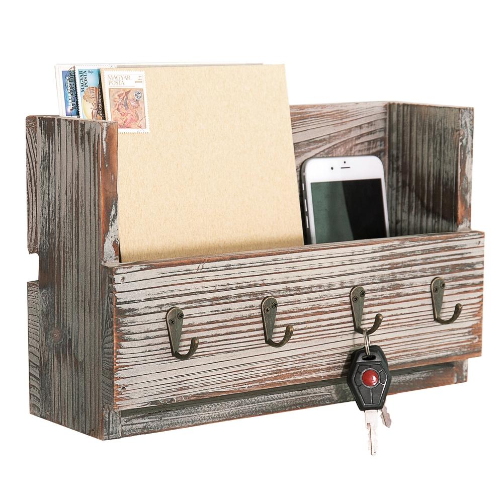 Rustic Torched Wood Wall Mounted Mail Organizer with 4 Key Hooks